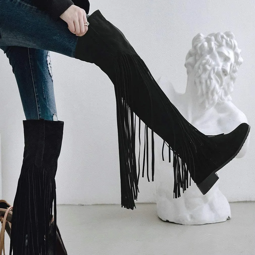 Caradise Womens Faux Suede 2 Layer Fringe Thigh High Low Heel Over The Knee Boots