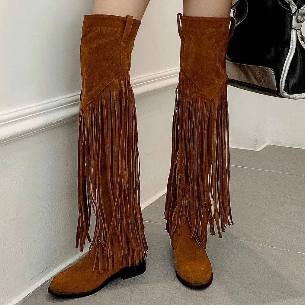Caradise Womens Faux Suede 2 Layer Fringe Thigh High Low Heel Over The Knee Boots
