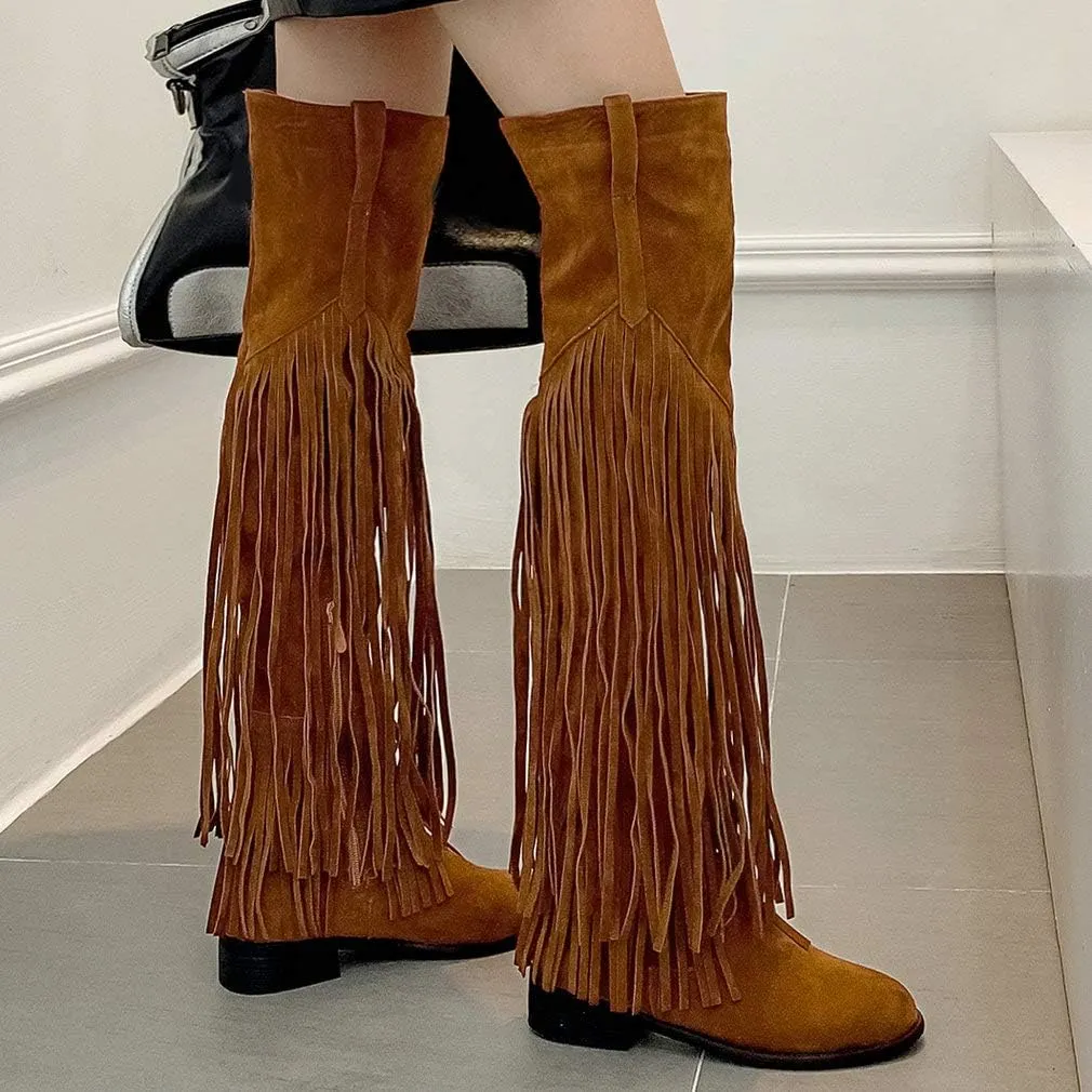 Caradise Womens Faux Suede 2 Layer Fringe Thigh High Low Heel Over The Knee Boots
