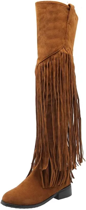 Caradise Womens Faux Suede 2 Layer Fringe Thigh High Low Heel Over The Knee Boots