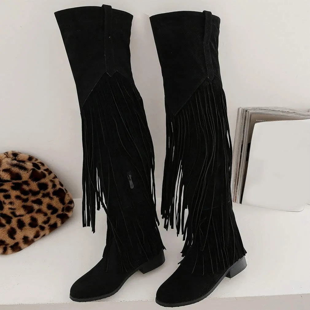 Caradise Womens Faux Suede 2 Layer Fringe Thigh High Low Heel Over The Knee Boots
