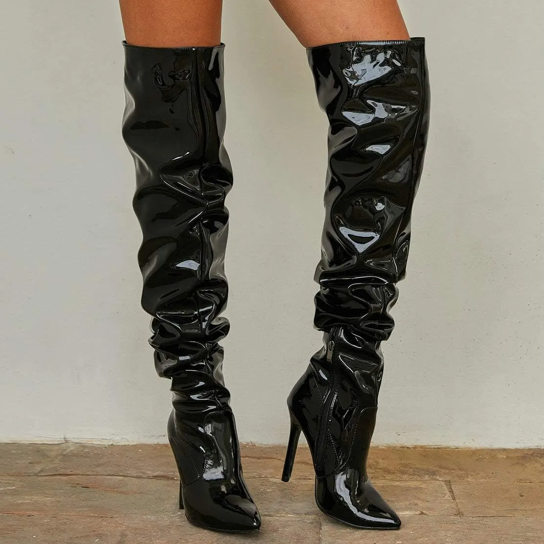 Caradise Womens Patent Thigh High Stiletto High Heel Slouchy Over The Knee Boots