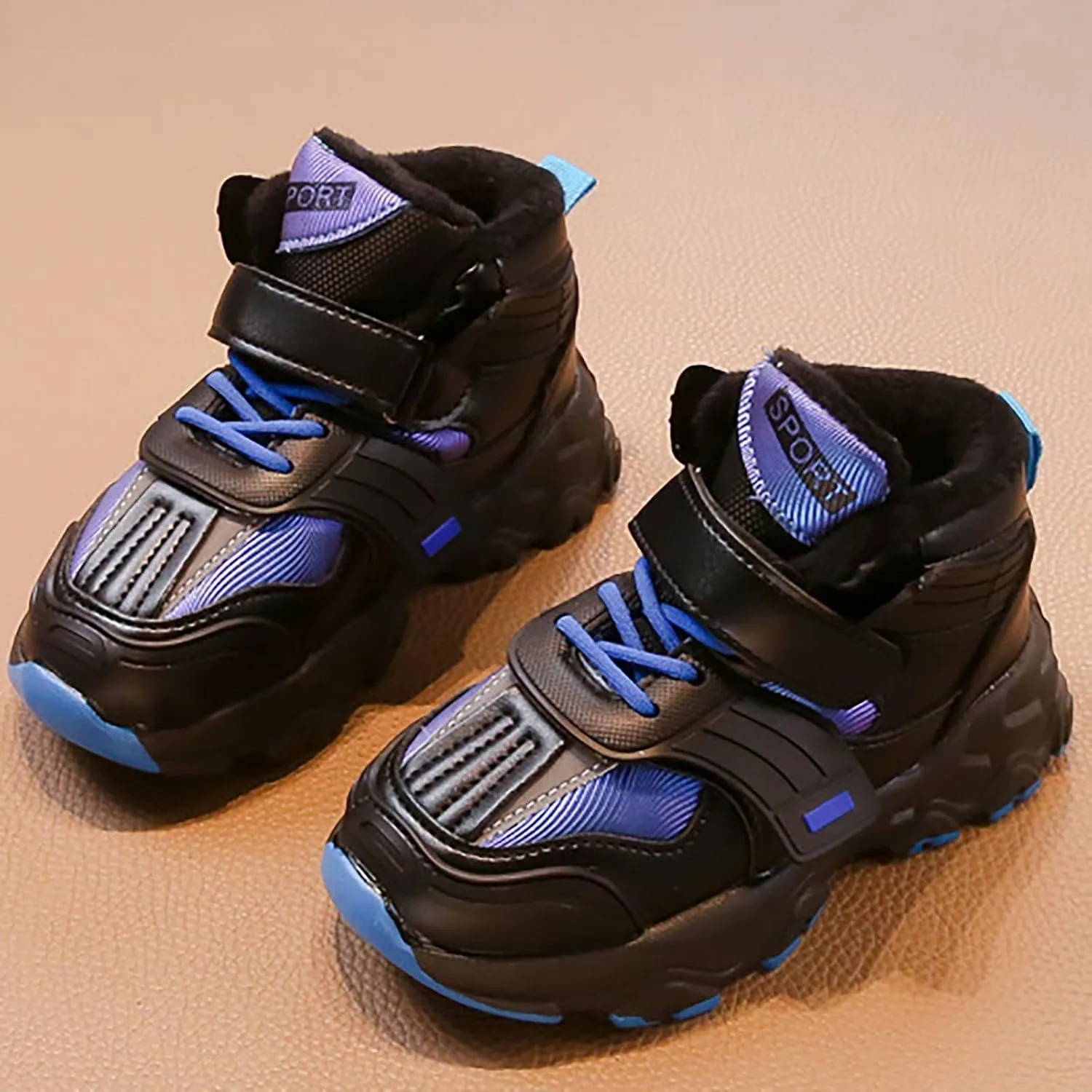 Childrens Chunky Sole Sneaker Fuzzy Lined Hook and Loops Fashion Non Slip Running Shoes Outdoor Boys Kids Warm Comfy
