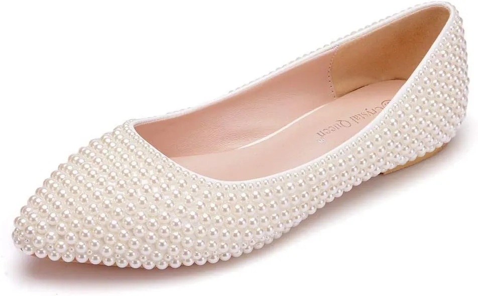 Crystal Queen Women Pumps - Thin Heels, Pointed Toe, Kitten Heel, Handmade Pearls - Ivory Beige Wedding Bridal Princess Shoes