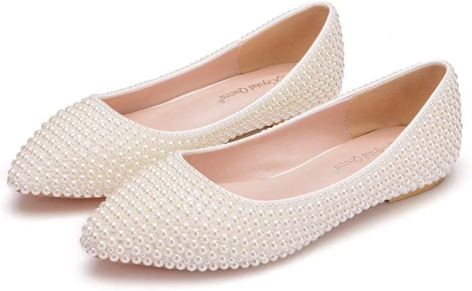 Crystal Queen Women Pumps - Thin Heels, Pointed Toe, Kitten Heel, Handmade Pearls - Ivory Beige Wedding Bridal Princess Shoes