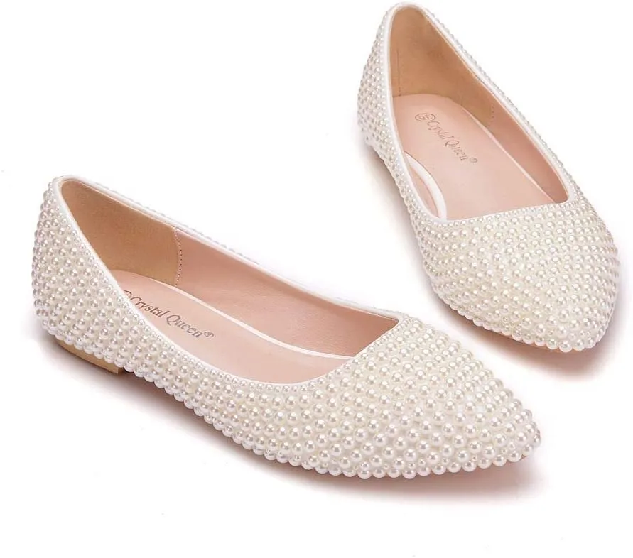 Crystal Queen Women Pumps - Thin Heels, Pointed Toe, Kitten Heel, Handmade Pearls - Ivory Beige Wedding Bridal Princess Shoes