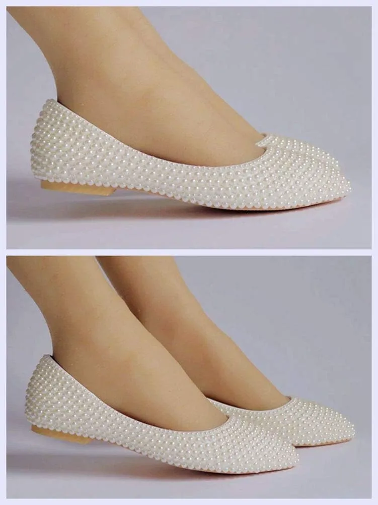 Crystal Queen Women Pumps - Thin Heels, Pointed Toe, Kitten Heel, Handmade Pearls - Ivory Beige Wedding Bridal Princess Shoes