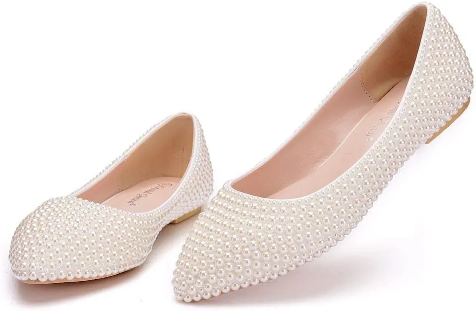 Crystal Queen Women Pumps - Thin Heels, Pointed Toe, Kitten Heel, Handmade Pearls - Ivory Beige Wedding Bridal Princess Shoes