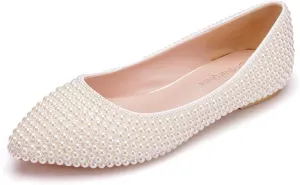 Crystal Queen Women Pumps - Thin Heels, Pointed Toe, Kitten Heel, Handmade Pearls - Ivory Beige Wedding Bridal Princess Shoes