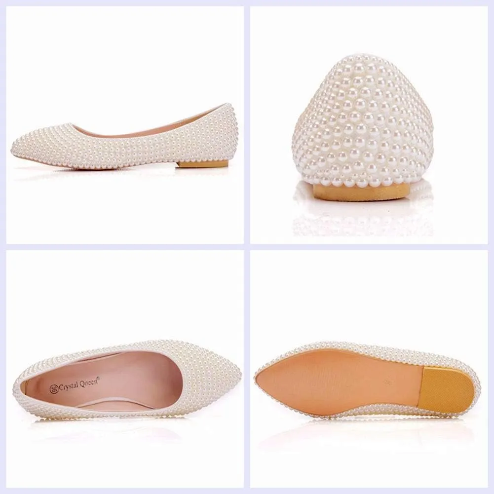 Crystal Queen Women Pumps - Thin Heels, Pointed Toe, Kitten Heel, Handmade Pearls - Ivory Beige Wedding Bridal Princess Shoes