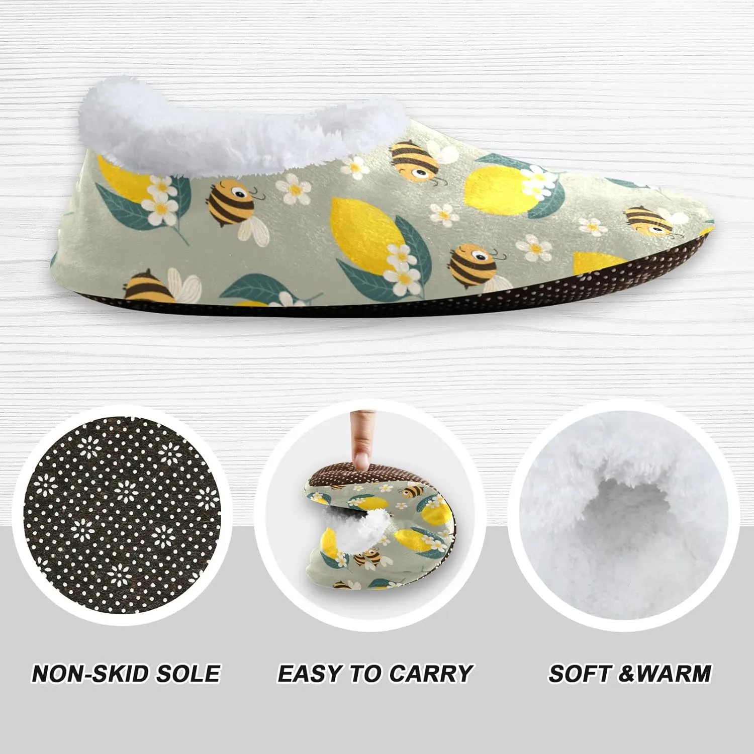Cute Funny Busy Bees and Lemons Slippers for Kids Toddler Home House Fuzzy Slipper Indoor Soft Plush Fleece Non Slip Casual Shoes for Girls Boys, XS