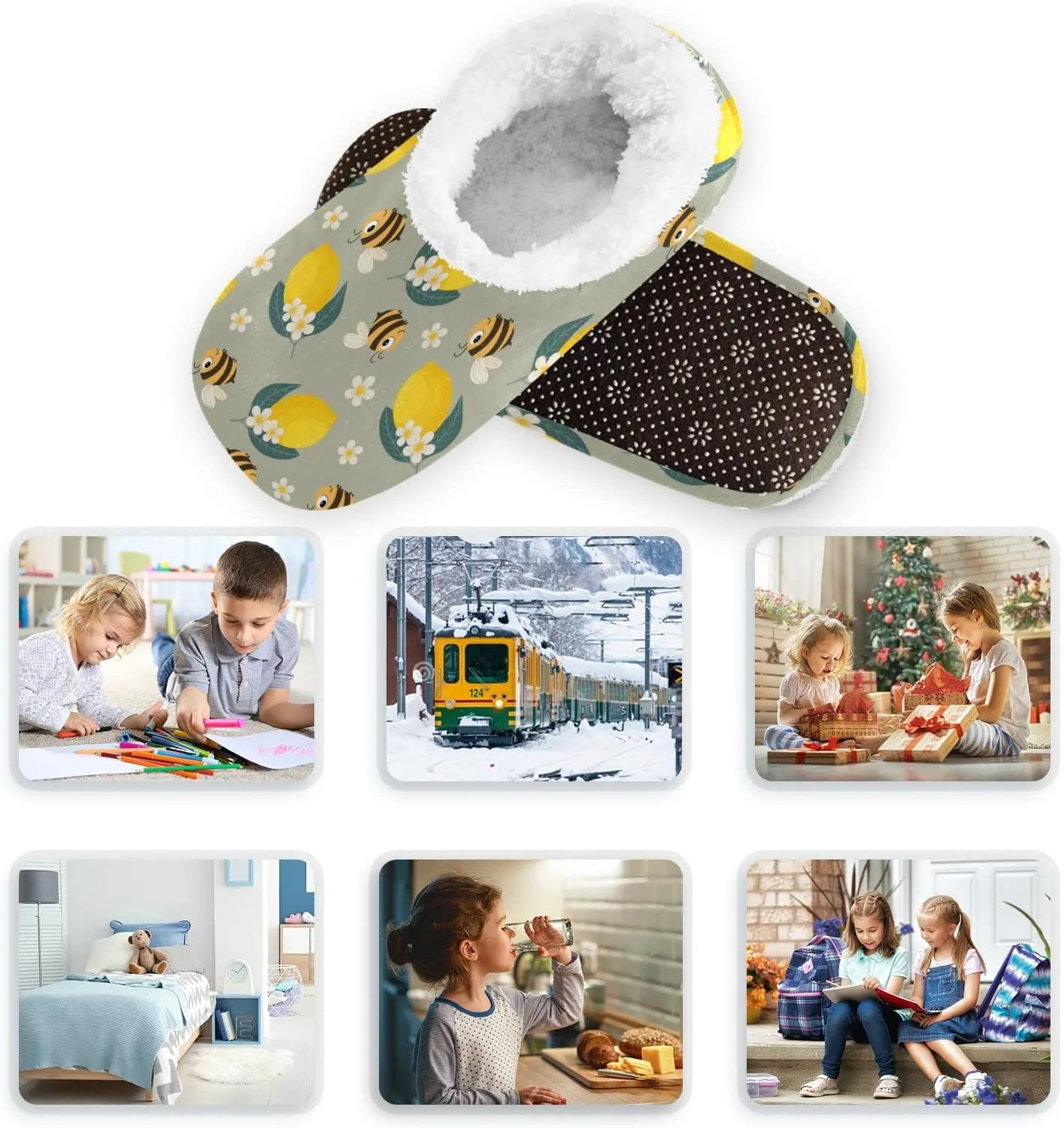 Cute Funny Busy Bees and Lemons Slippers for Kids Toddler Home House Fuzzy Slipper Indoor Soft Plush Fleece Non Slip Casual Shoes for Girls Boys, XS