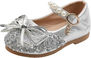 EnJoCho Girls Dress Shoes Pearl Crystal Bling Bowknot Flats Wedding Party School Formal Princess Shoes for Toddler 15M-11.5Y (A-Silver#86, 18-24Months)