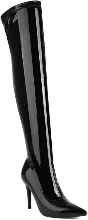 Feinlina Women's Black Over The Knee Boots Sexy Pointed Toe Patent Leather Thigh High Boots