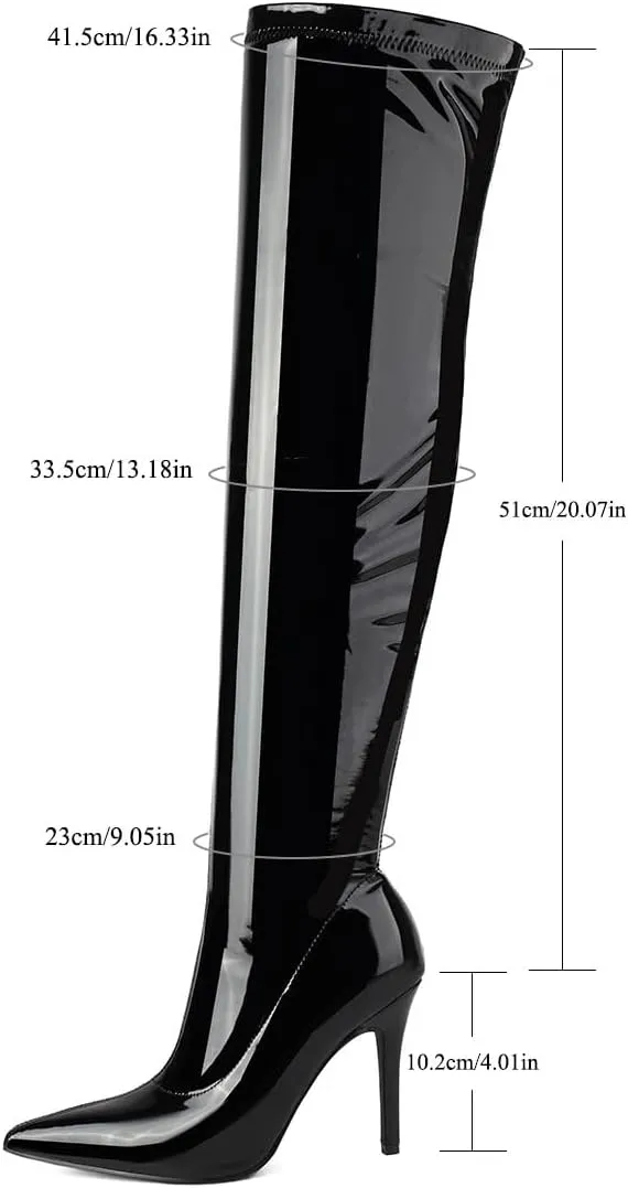 Feinlina Women's Black Over The Knee Boots Sexy Pointed Toe Patent Leather Thigh High Boots
