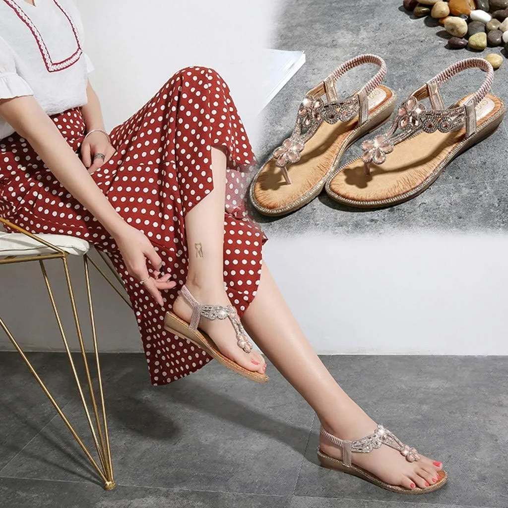 Flip Flops Sandals Women Breathable Rhinestones Sandal T-Strap Bohemian Sandals Dressy Summer Beach Shoes