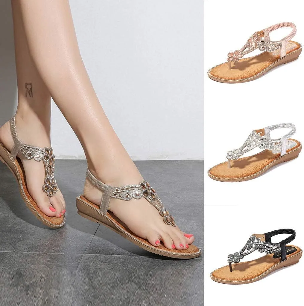 Flip Flops Sandals Women Breathable Rhinestones Sandal T-Strap Bohemian Sandals Dressy Summer Beach Shoes