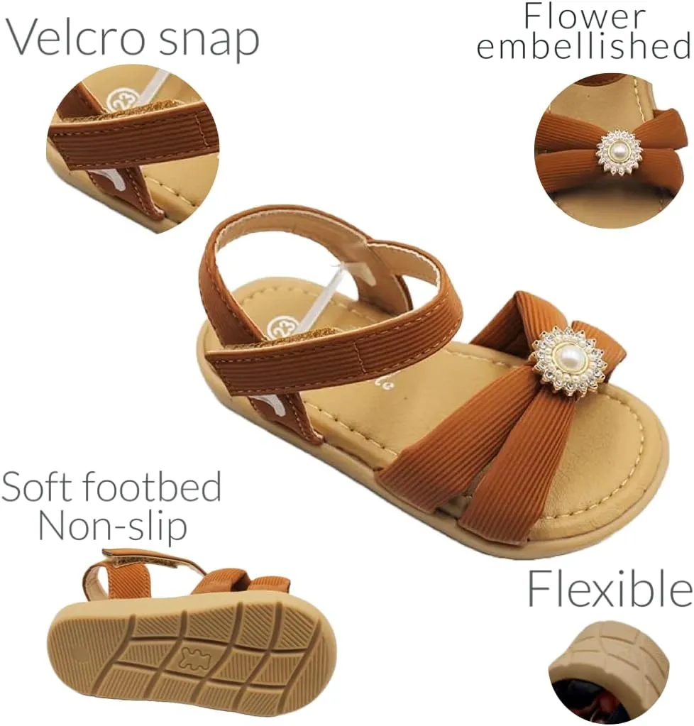 Flower Beaded Bow-tie Sandals Cute Snap Soft Flexible Footbed Toddler Baby