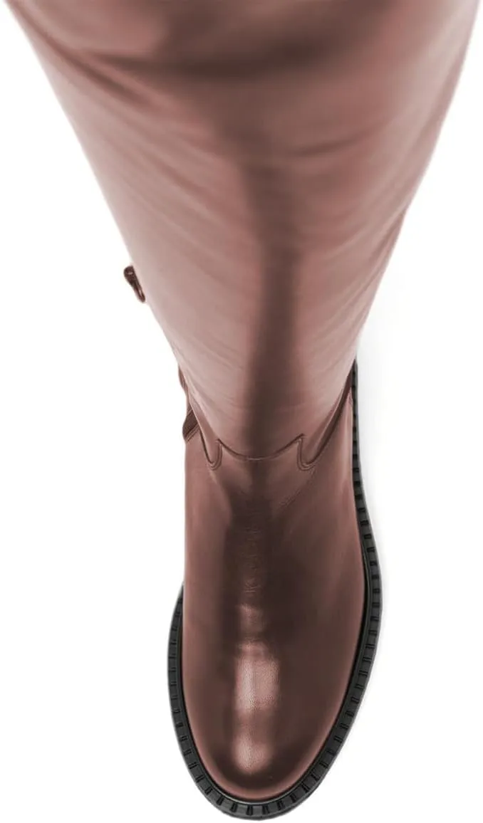 FOWT Women Stylish Round Toe Ankle Side Zipper Over The Knee Boots Block Low Heel Graceful Winter Wide Calf Daily Shoes Size 4-16 US