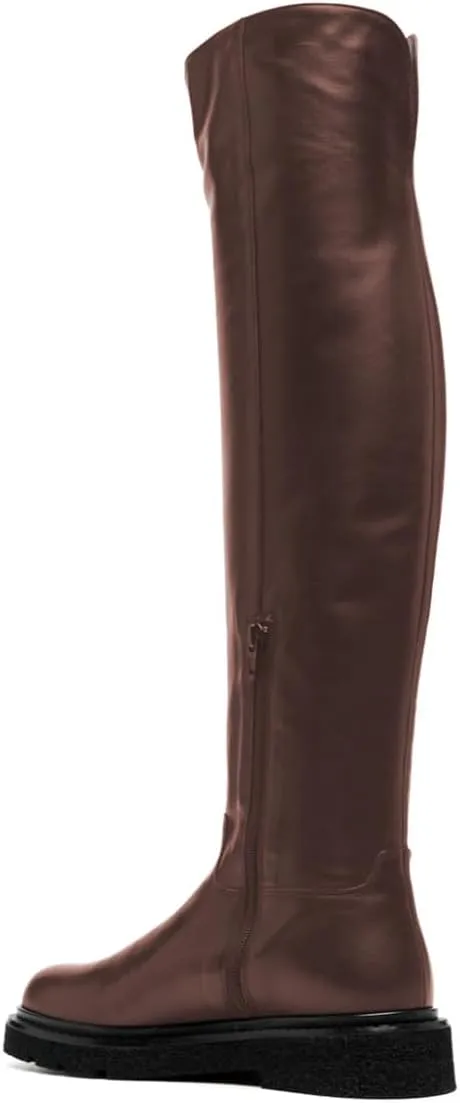 FOWT Women Stylish Round Toe Ankle Side Zipper Over The Knee Boots Block Low Heel Graceful Winter Wide Calf Daily Shoes Size 4-16 US