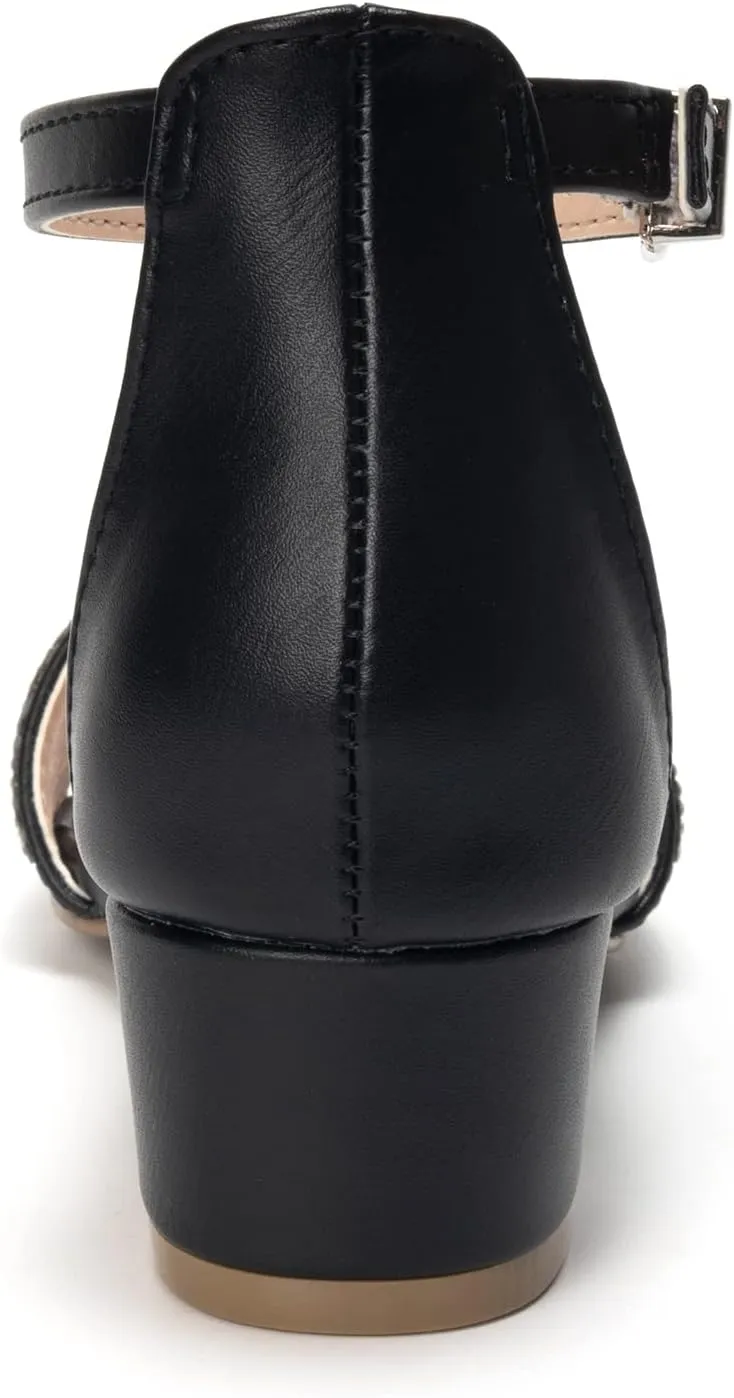 FUNKYMONKEY Girls Low Heels Sandals Open Toes with Ankle Strap Rhinestone Dress Shoes for Kids