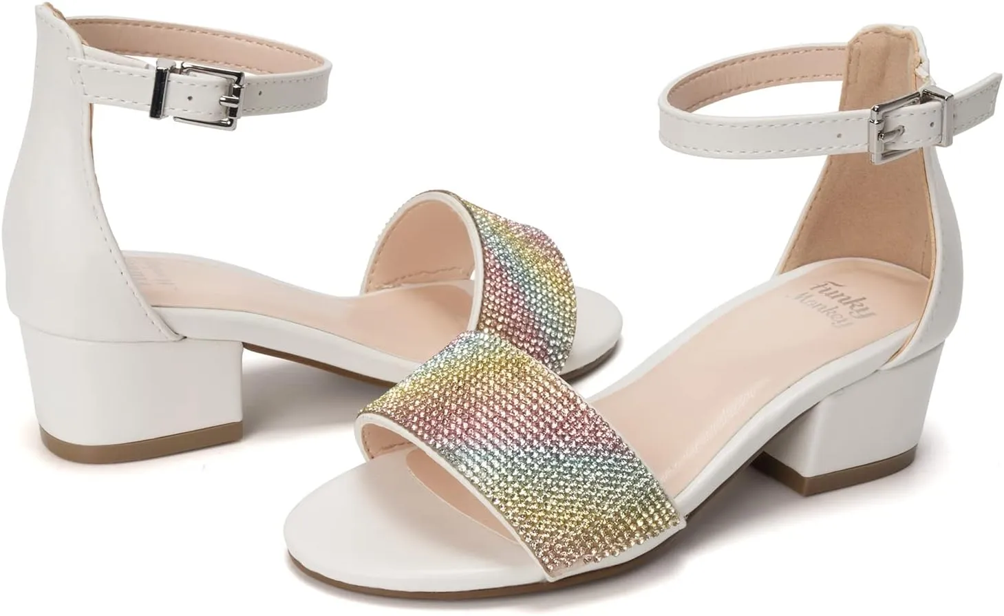 FUNKYMONKEY Girls Low Heels Sandals Open Toes with Ankle Strap Rhinestone Dress Shoes for Kids