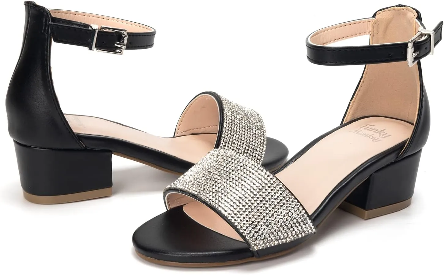 FUNKYMONKEY Girls Low Heels Sandals Open Toes with Ankle Strap Rhinestone Dress Shoes for Kids