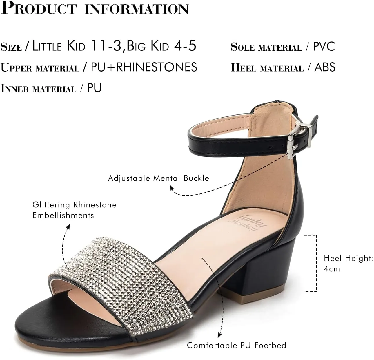 FUNKYMONKEY Girls Low Heels Sandals Open Toes with Ankle Strap Rhinestone Dress Shoes for Kids