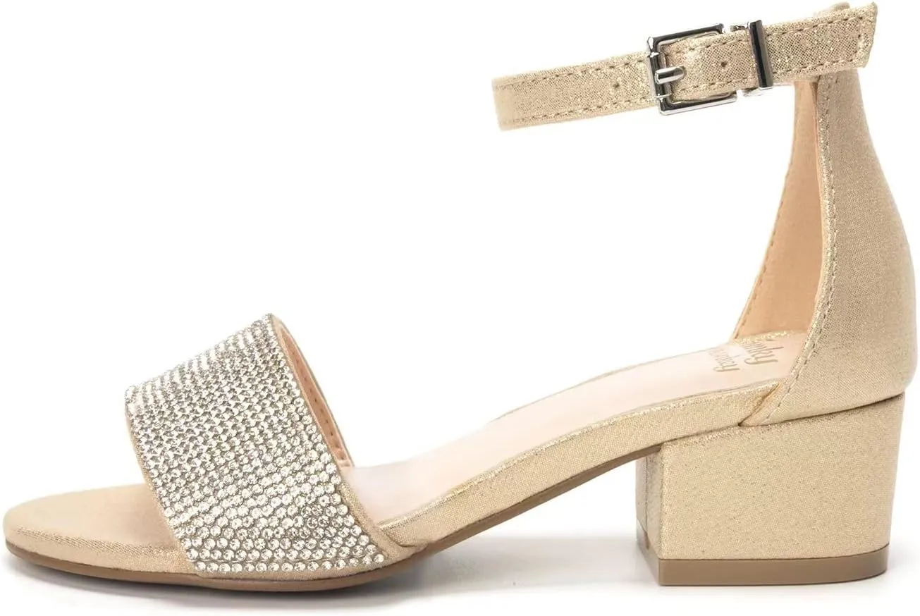 FUNKYMONKEY Girls Low Heels Sandals Open Toes with Ankle Strap Rhinestone Dress Shoes for Kids