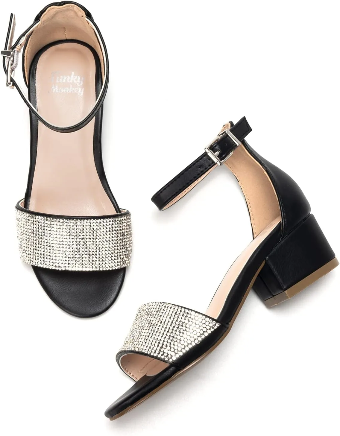FUNKYMONKEY Girls Low Heels Sandals Open Toes with Ankle Strap Rhinestone Dress Shoes for Kids
