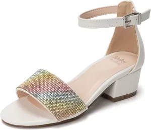 FUNKYMONKEY Girls Low Heels Sandals Open Toes with Ankle Strap Rhinestone Dress Shoes for Kids