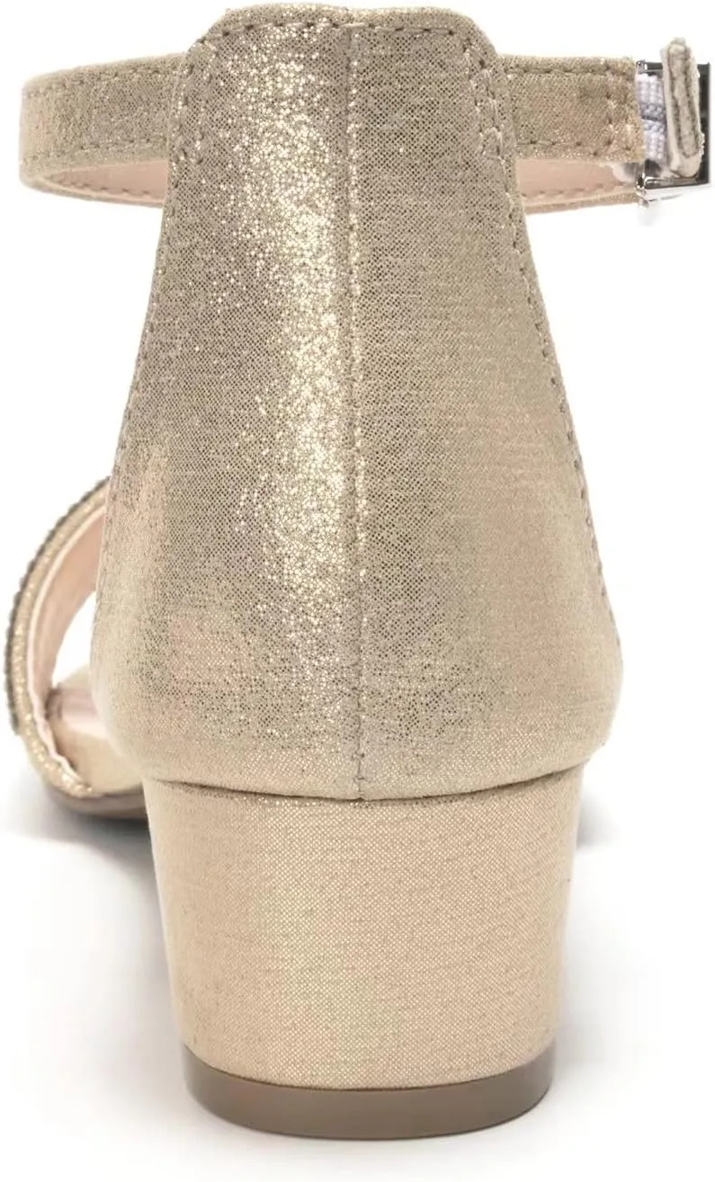 FUNKYMONKEY Girls Low Heels Sandals Open Toes with Ankle Strap Rhinestone Dress Shoes for Kids
