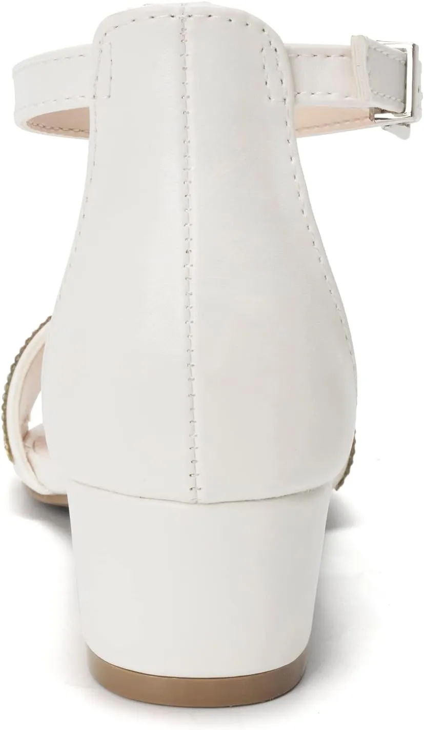 FUNKYMONKEY Girls Low Heels Sandals Open Toes with Ankle Strap Rhinestone Dress Shoes for Kids