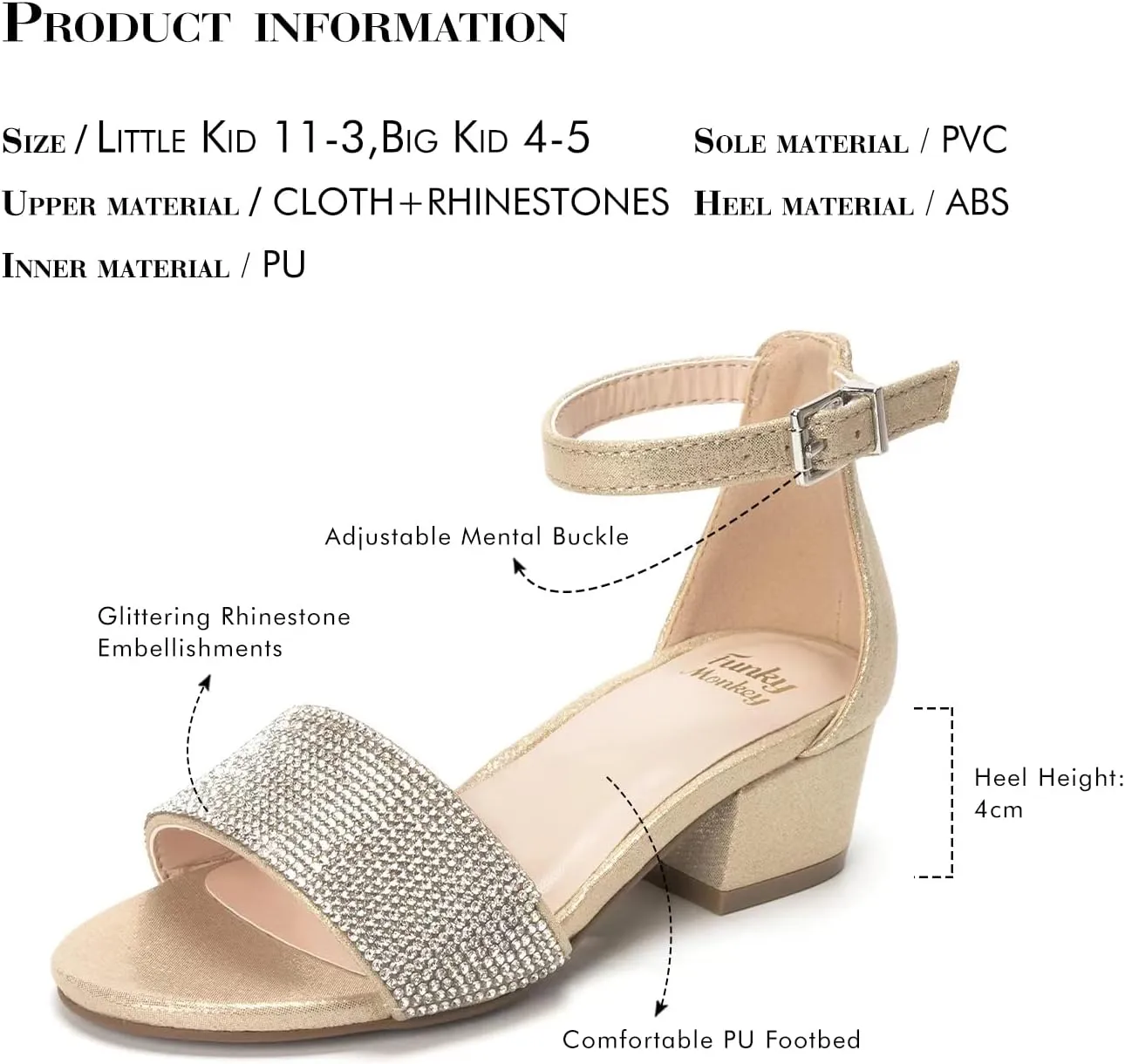 FUNKYMONKEY Girls Low Heels Sandals Open Toes with Ankle Strap Rhinestone Dress Shoes for Kids
