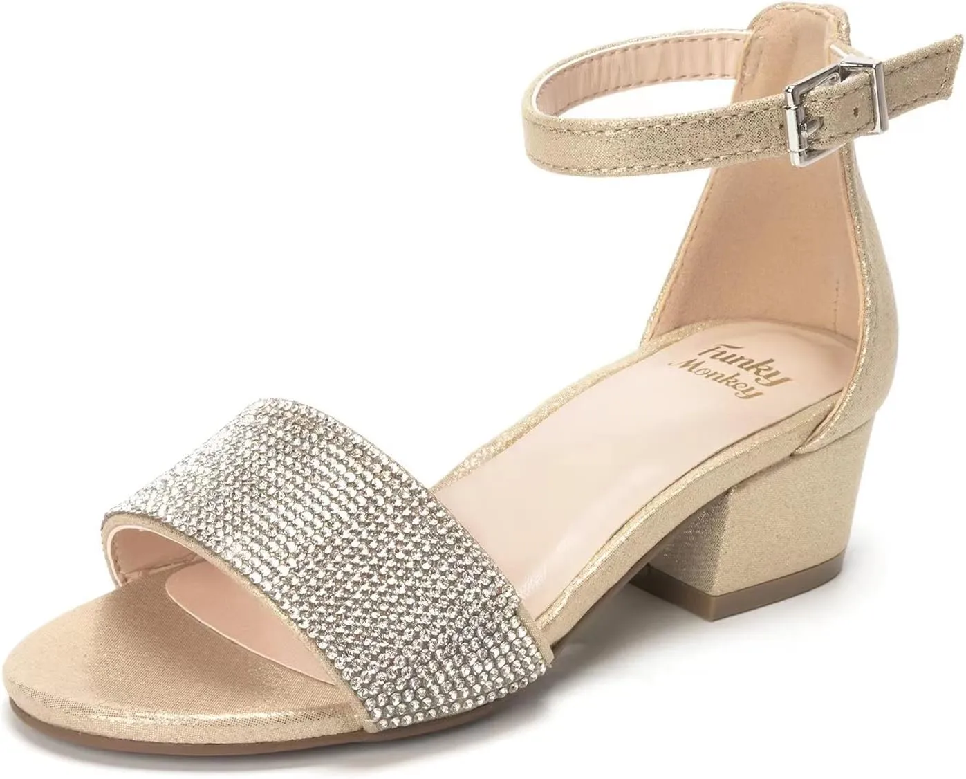 FUNKYMONKEY Girls Low Heels Sandals Open Toes with Ankle Strap Rhinestone Dress Shoes for Kids