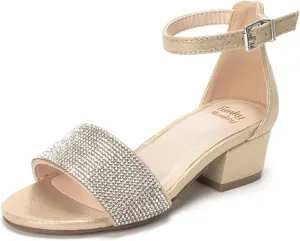 FUNKYMONKEY Girls Low Heels Sandals Open Toes with Ankle Strap Rhinestone Dress Shoes for Kids