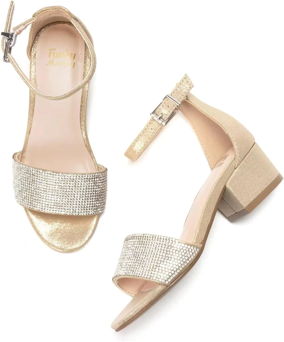 FUNKYMONKEY Girls Low Heels Sandals Open Toes with Ankle Strap Rhinestone Dress Shoes for Kids