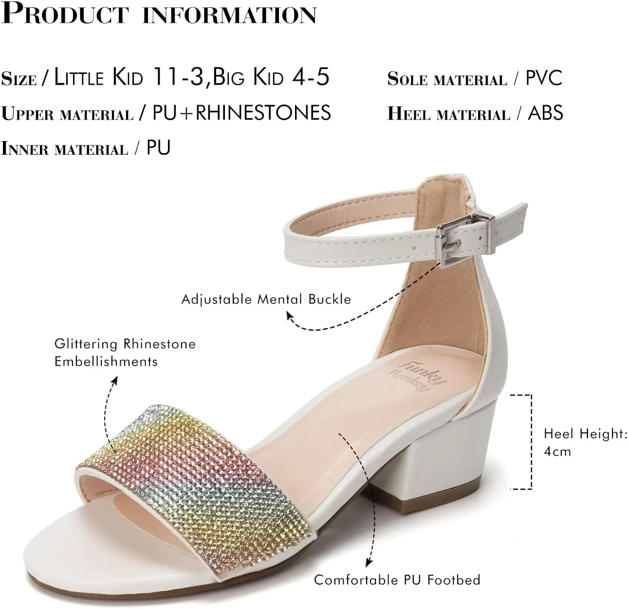 FUNKYMONKEY Girls Low Heels Sandals Open Toes with Ankle Strap Rhinestone Dress Shoes for Kids