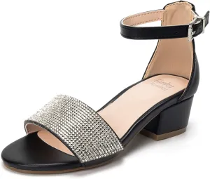 FUNKYMONKEY Girls Low Heels Sandals Open Toes with Ankle Strap Rhinestone Dress Shoes for Kids
