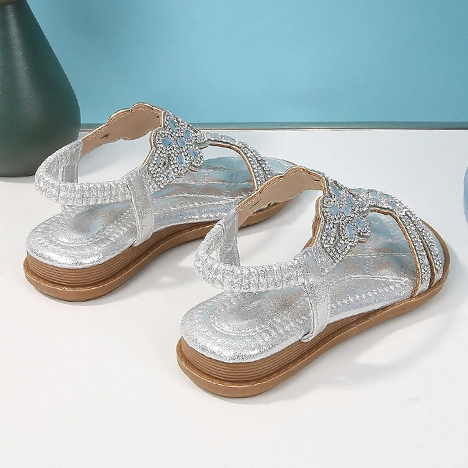 Girls Bohemian Crystal Flats Low Wedge Rhinestone Sandals Open Toe Elastic Ankle T-Strap Flip Flops for Wedding