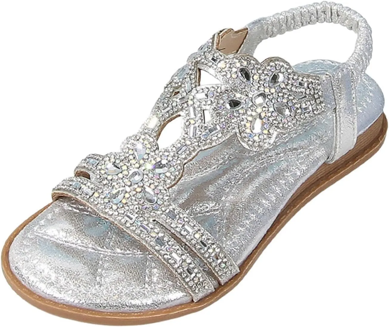 Girls Bohemian Crystal Flats Low Wedge Rhinestone Sandals Open Toe Elastic Ankle T-Strap Flip Flops for Wedding