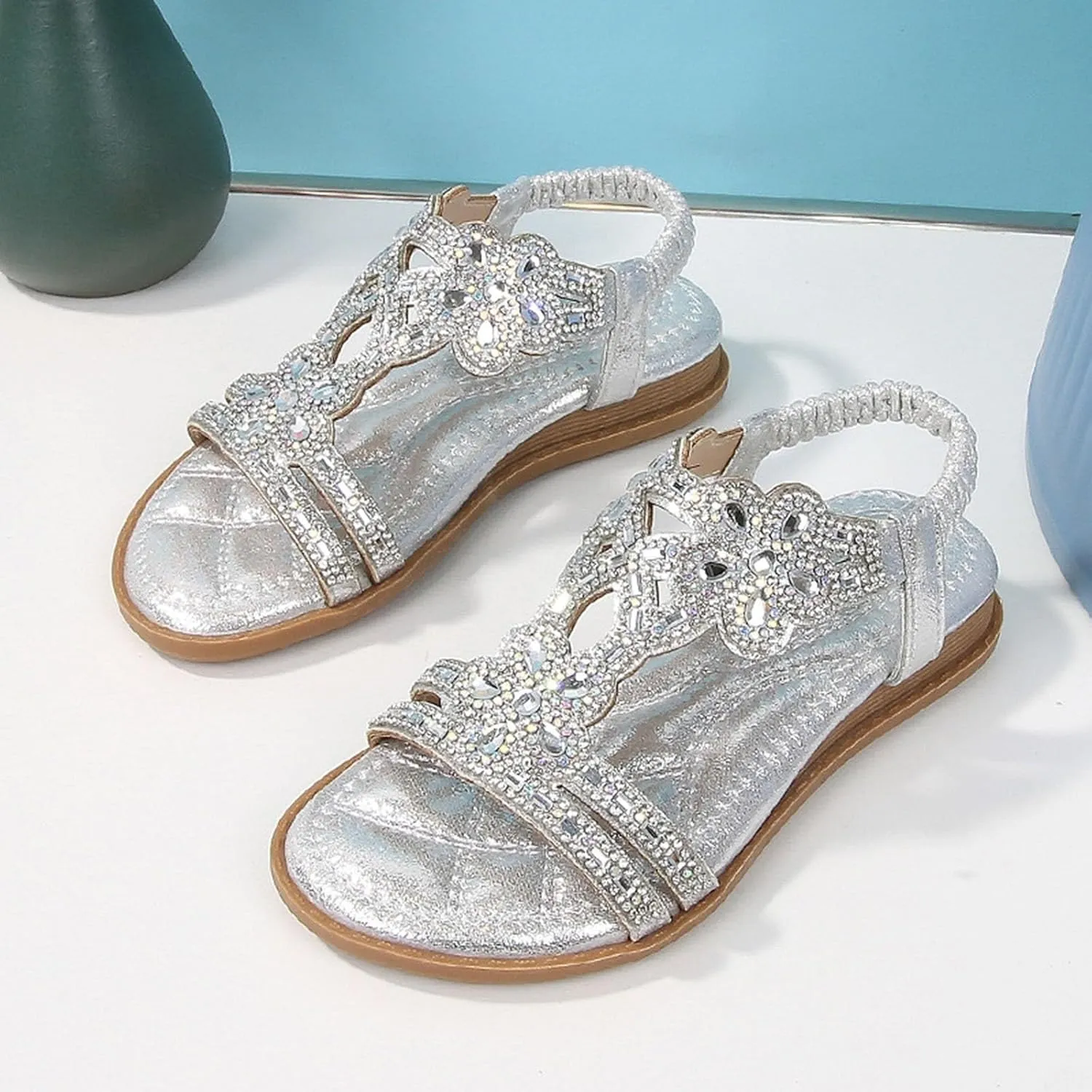 Girls Bohemian Crystal Flats Low Wedge Rhinestone Sandals Open Toe Elastic Ankle T-Strap Flip Flops for Wedding