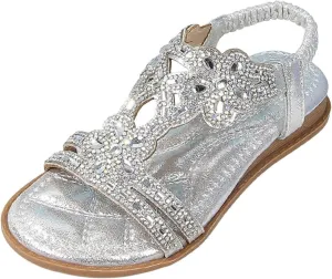 Girls Bohemian Crystal Flats Low Wedge Rhinestone Sandals Open Toe Elastic Ankle T-Strap Flip Flops for Wedding