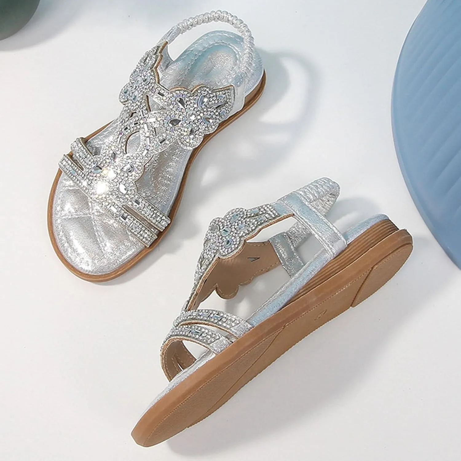 Girls Bohemian Crystal Flats Low Wedge Rhinestone Sandals Open Toe Elastic Ankle T-Strap Flip Flops for Wedding