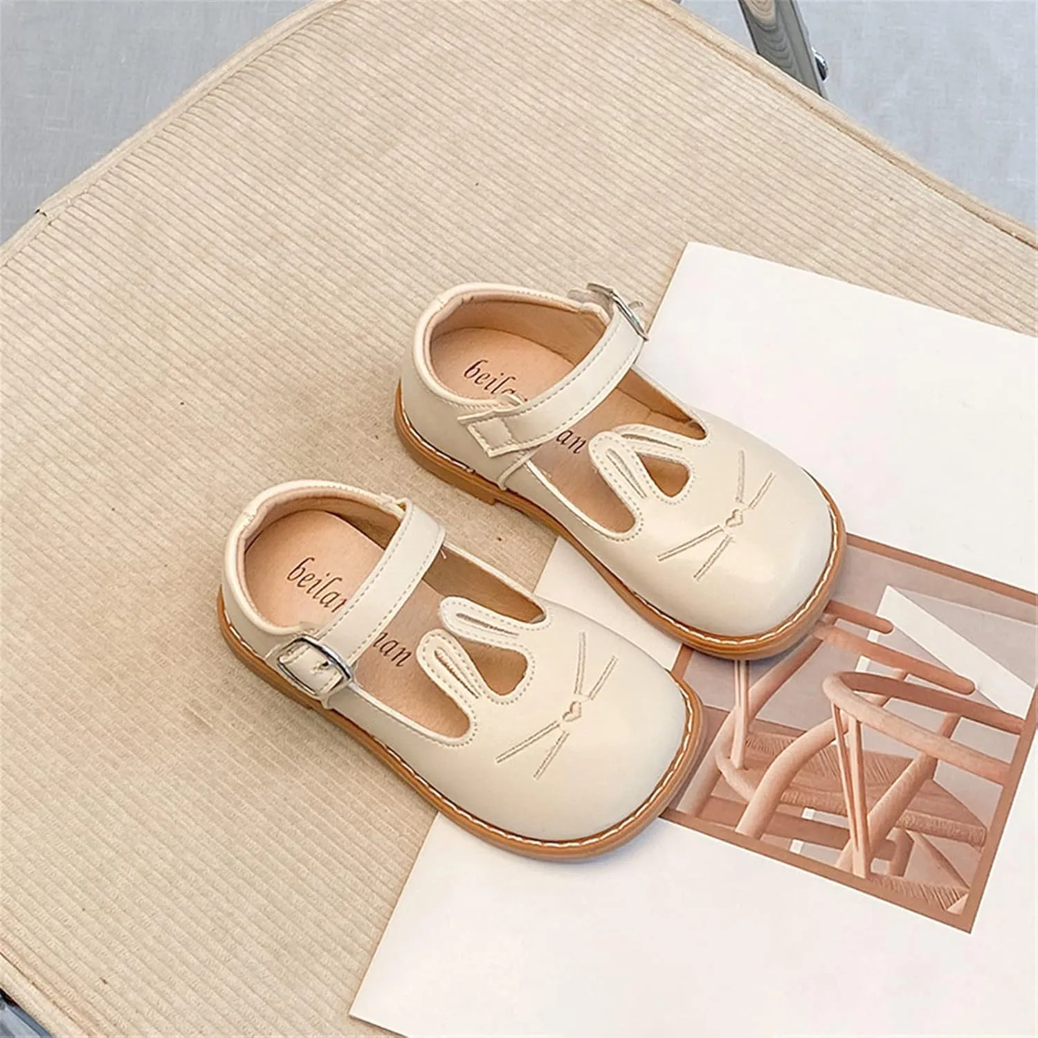 Girls Comfortable Shoes Girls Leather Rabbit Design Soft Round Toe Princess Dress Flat Shoes(Toddler/Little Kid)