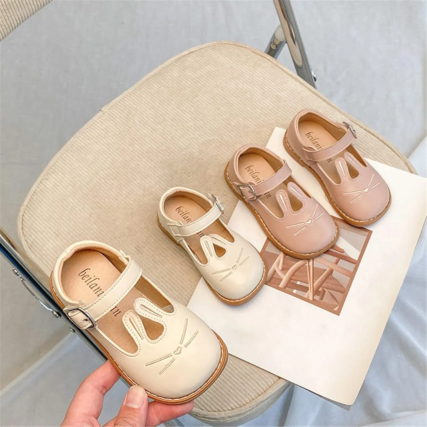 Girls Comfortable Shoes Girls Leather Rabbit Design Soft Round Toe Princess Dress Flat Shoes(Toddler/Little Kid)