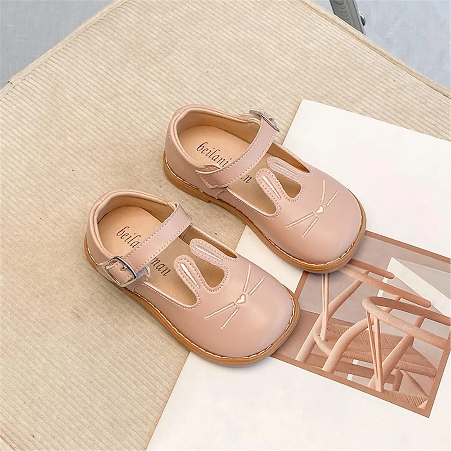 Girls Comfortable Shoes Girls Leather Rabbit Design Soft Round Toe Princess Dress Flat Shoes(Toddler/Little Kid)