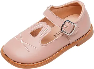 Girls Comfortable Shoes Girls Leather Rabbit Design Soft Round Toe Princess Dress Flat Shoes(Toddler/Little Kid)