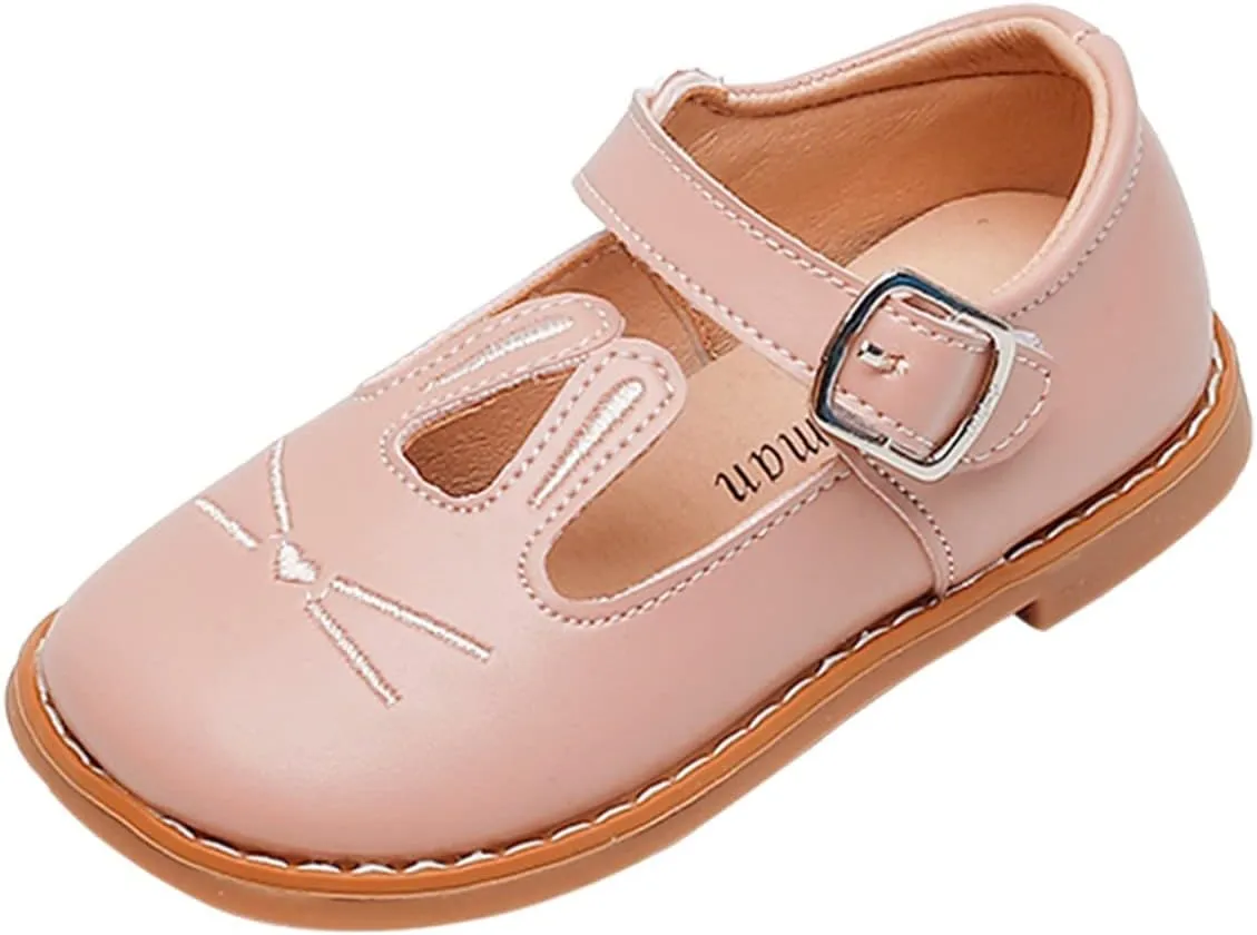 Girls Comfortable Shoes Girls Leather Rabbit Design Soft Round Toe Princess Dress Flat Shoes(Toddler/Little Kid)