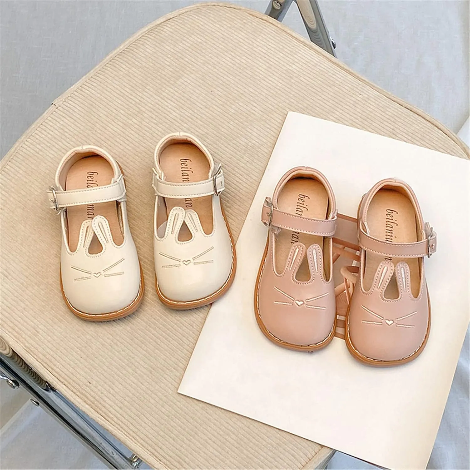 Girls Comfortable Shoes Girls Leather Rabbit Design Soft Round Toe Princess Dress Flat Shoes(Toddler/Little Kid)